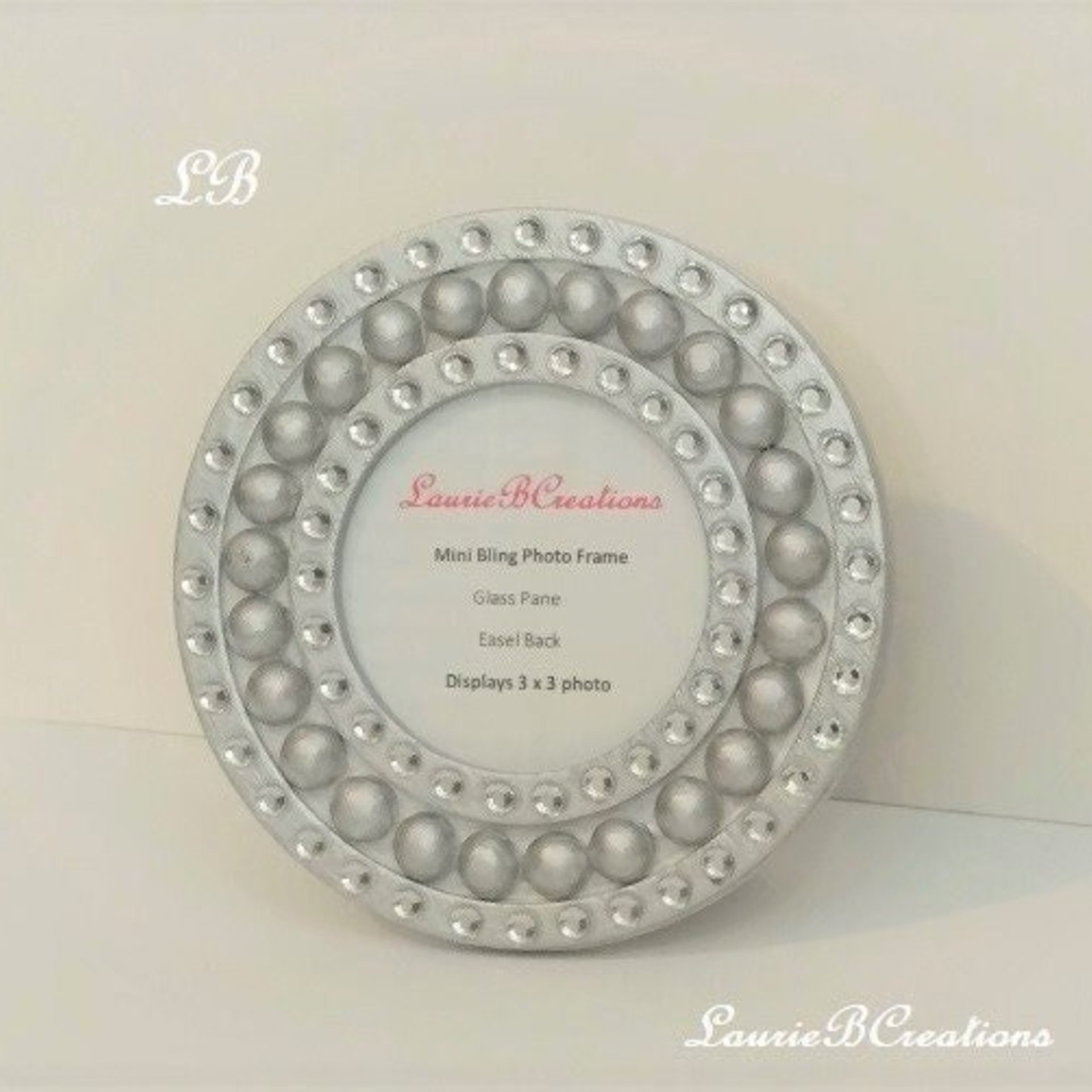 Mini Round Bling Picture Frame - Handpainted Beaded Desktop Frame In a Variety of Colors w/Clear Rhinestones- 3" x 3" photos or info
