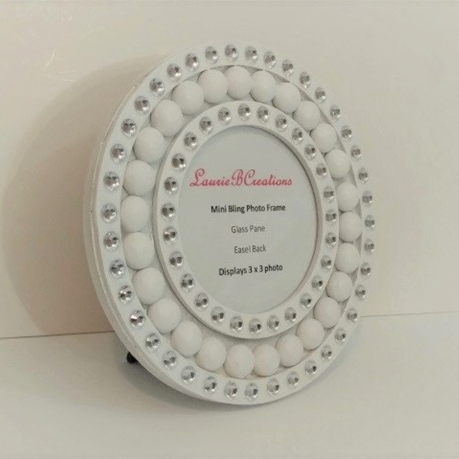 Mini Round Bling Picture Frame - Handpainted Beaded Desktop Frame In a Variety of Colors w/Clear Rhinestones- 3" x 3" photos or info