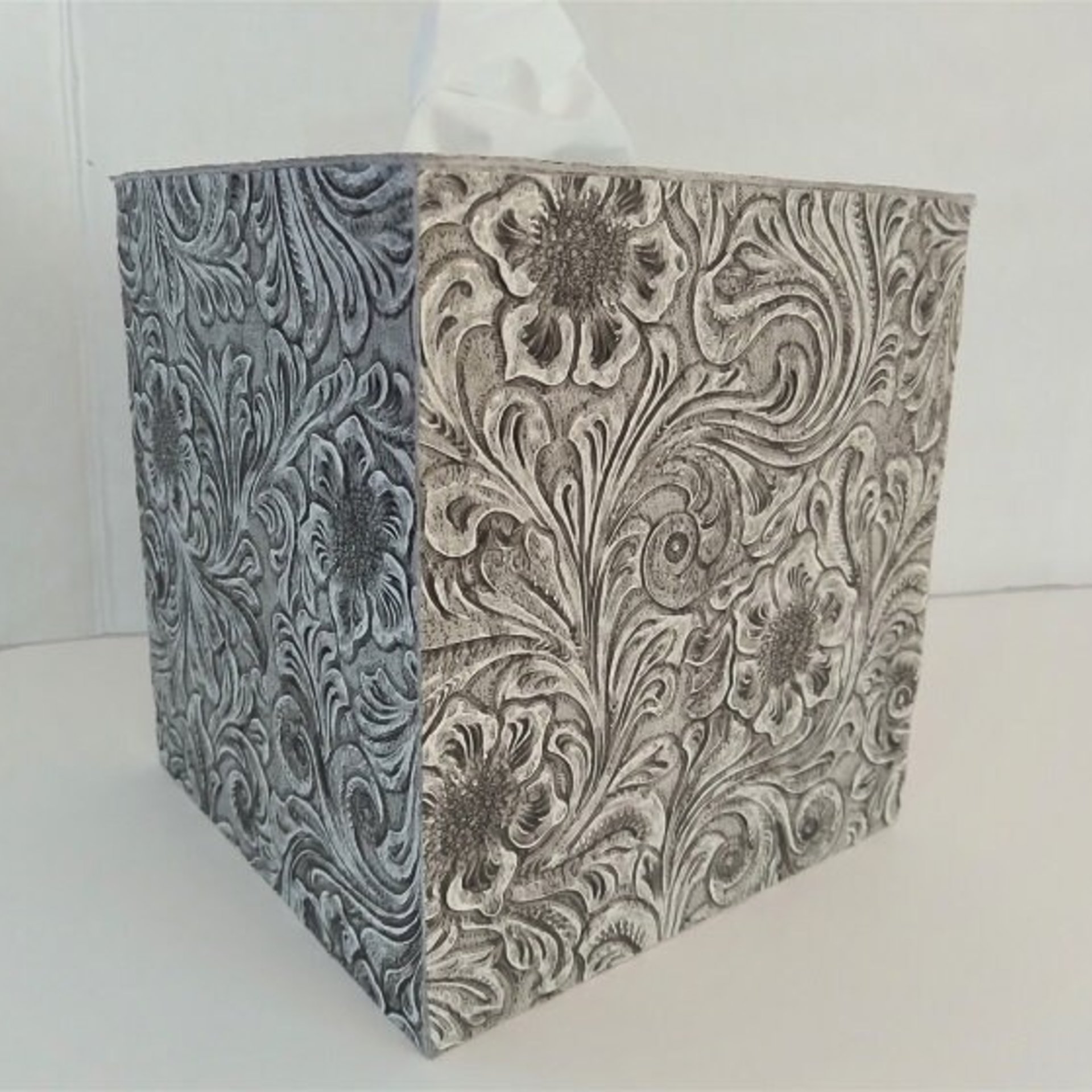 Floral Textured Tissue Box Cover- Embossed vinyl flower and swirl leaf design square tissue holder, home, bath