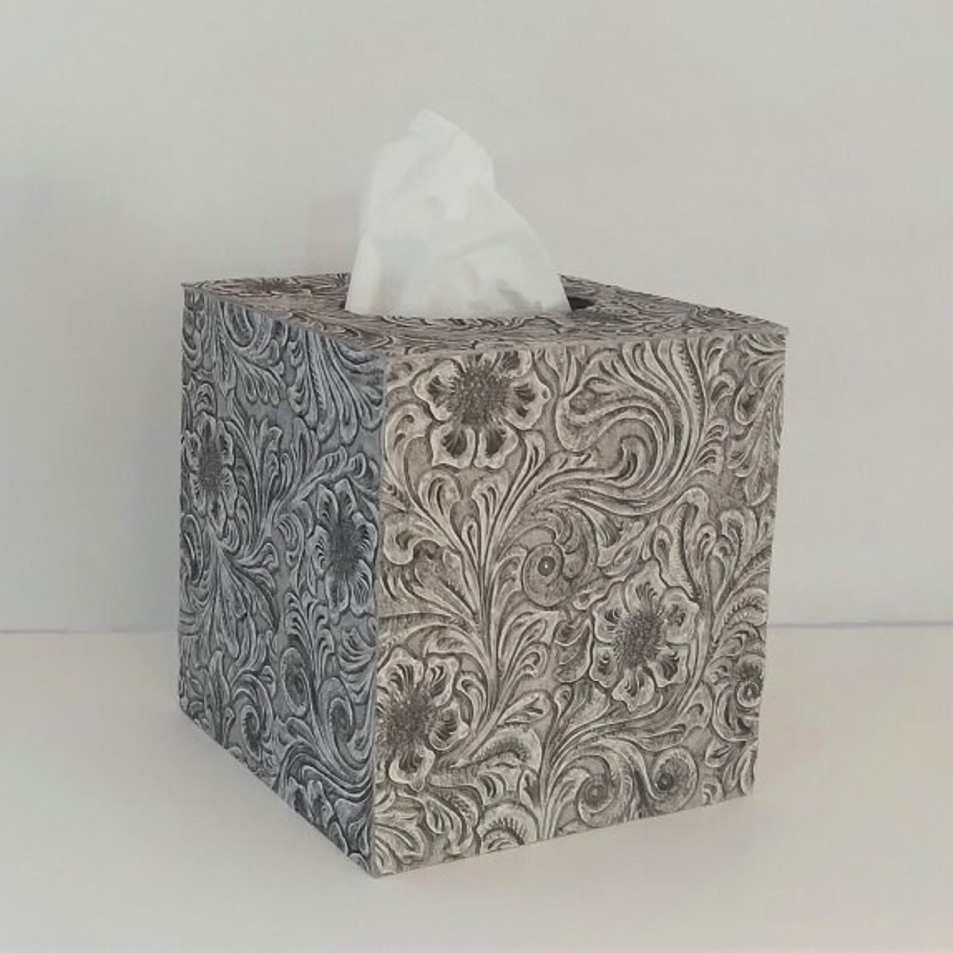 Floral Textured Tissue Box Cover- Embossed vinyl flower and swirl leaf design square tissue holder, home, bath