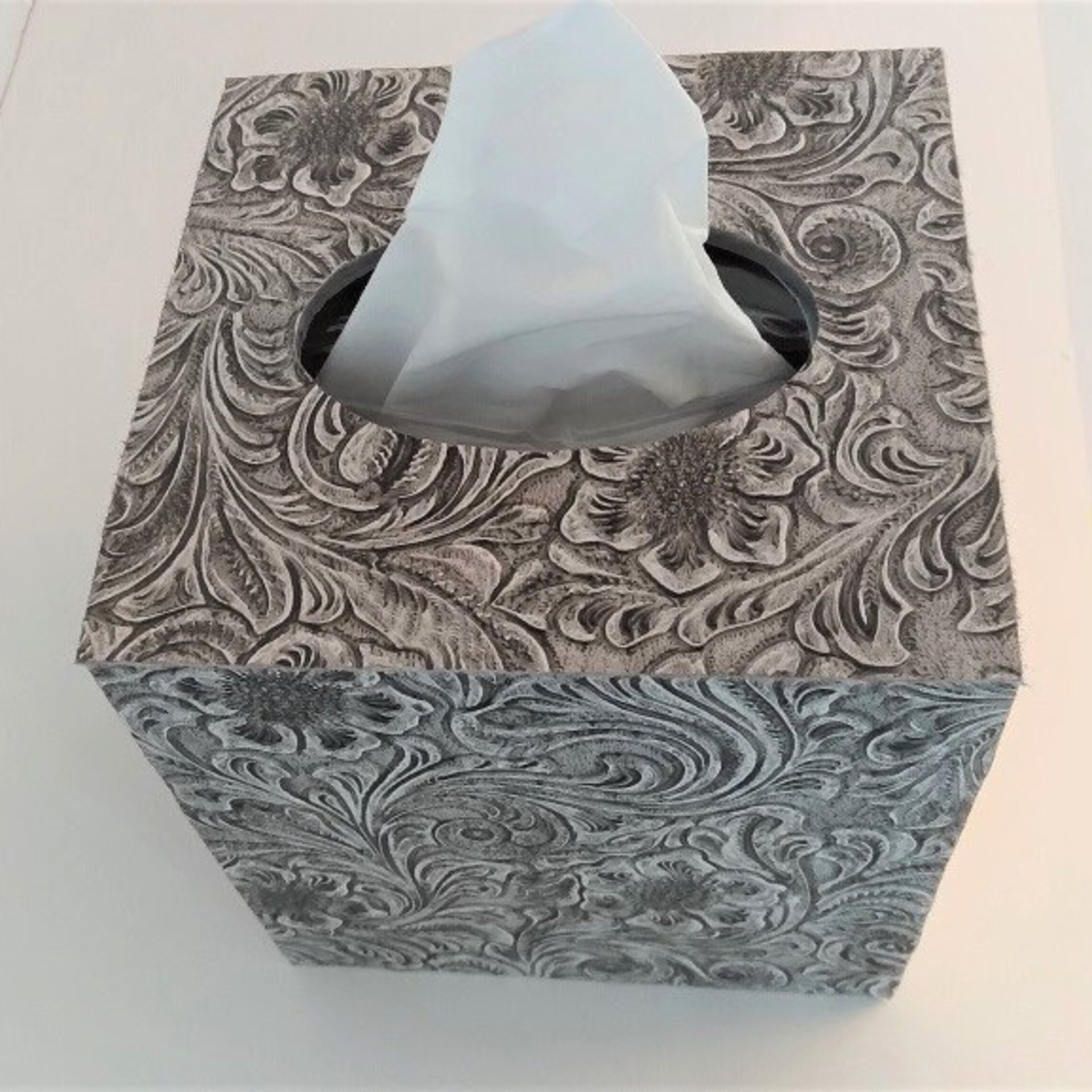Floral Textured Tissue Box Cover- Embossed vinyl flower and swirl leaf design square tissue holder, home, bath
