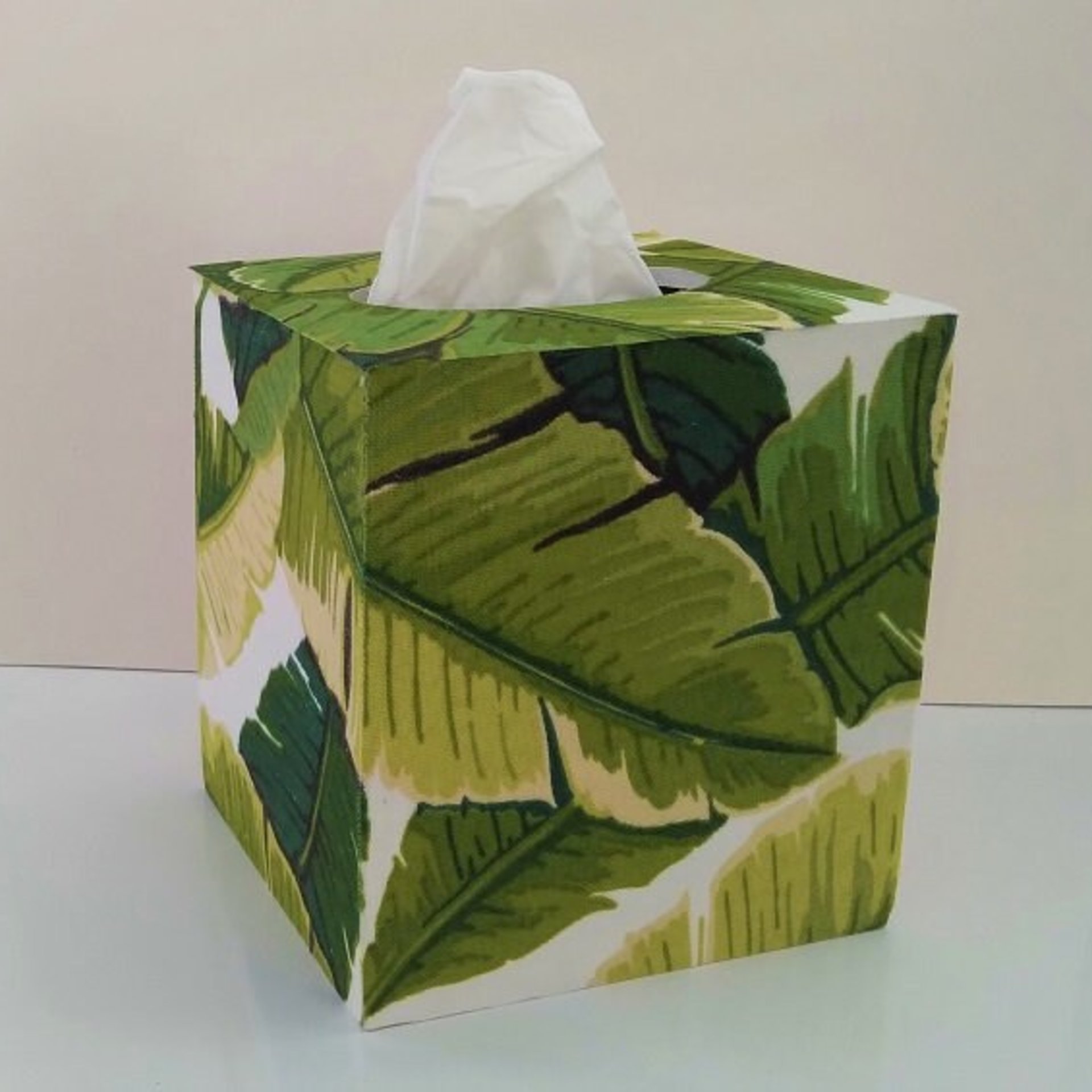 Palm Leaf Tissue Box Cover - Wood Tissue Holder w/Tropical Leaf Print Fabric