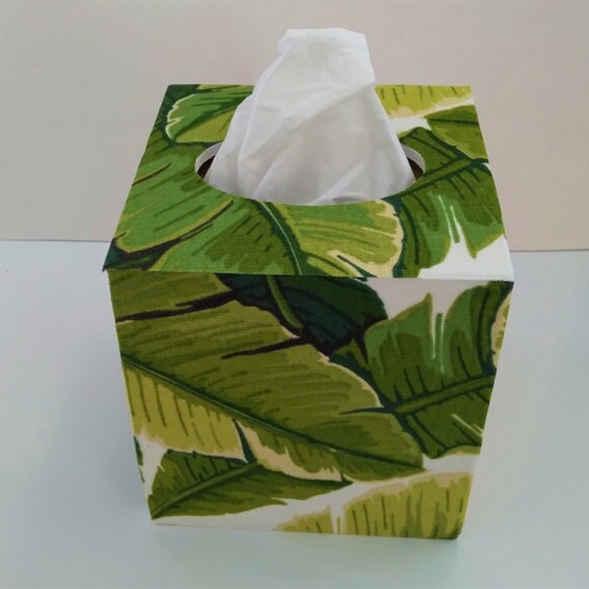 Palm Leaf Tissue Box Cover - Wood Tissue Holder w/Tropical Leaf Print Fabric