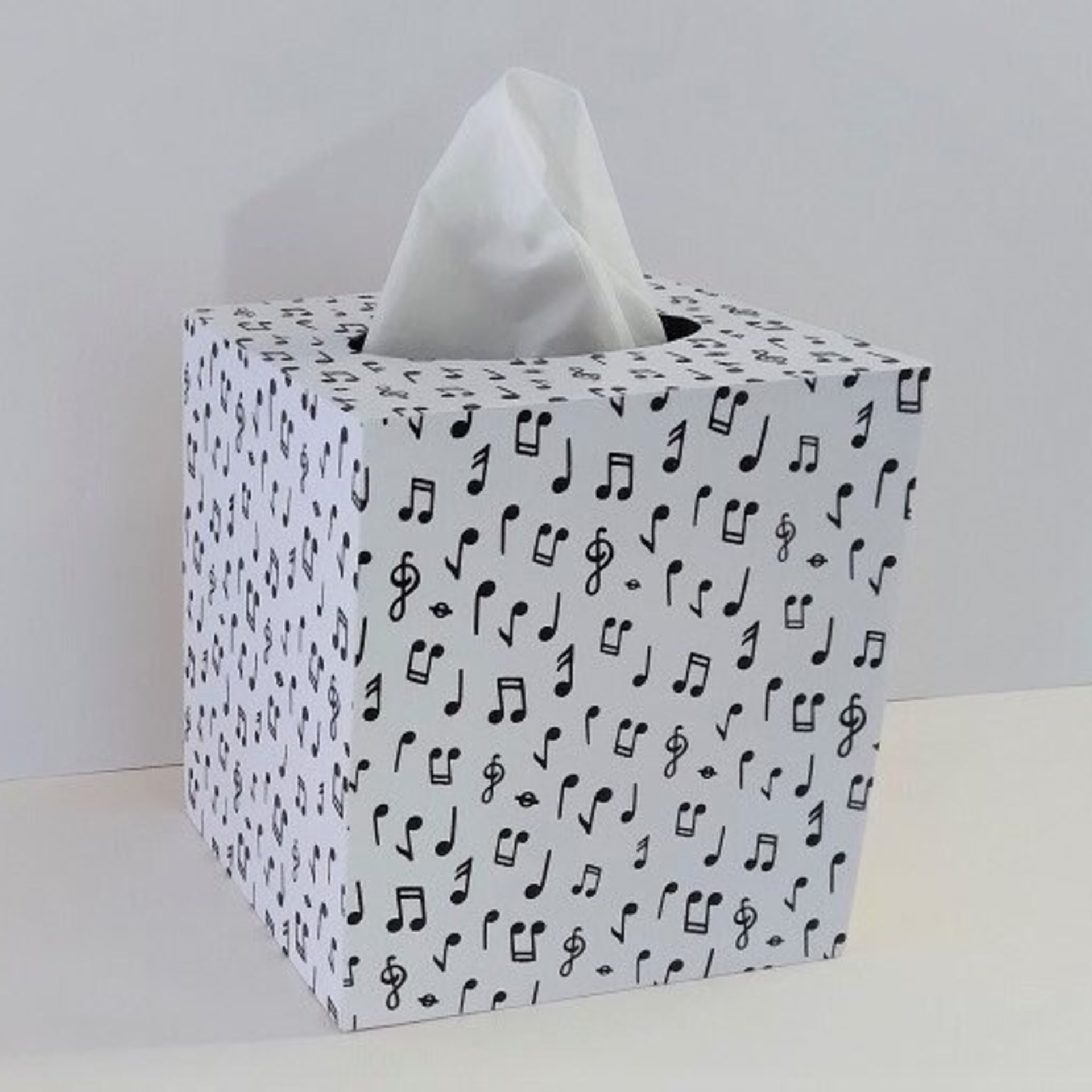 Musical Notes Tissue Box Cover - Black and White Decoupage Square Wood Tissue Holder
