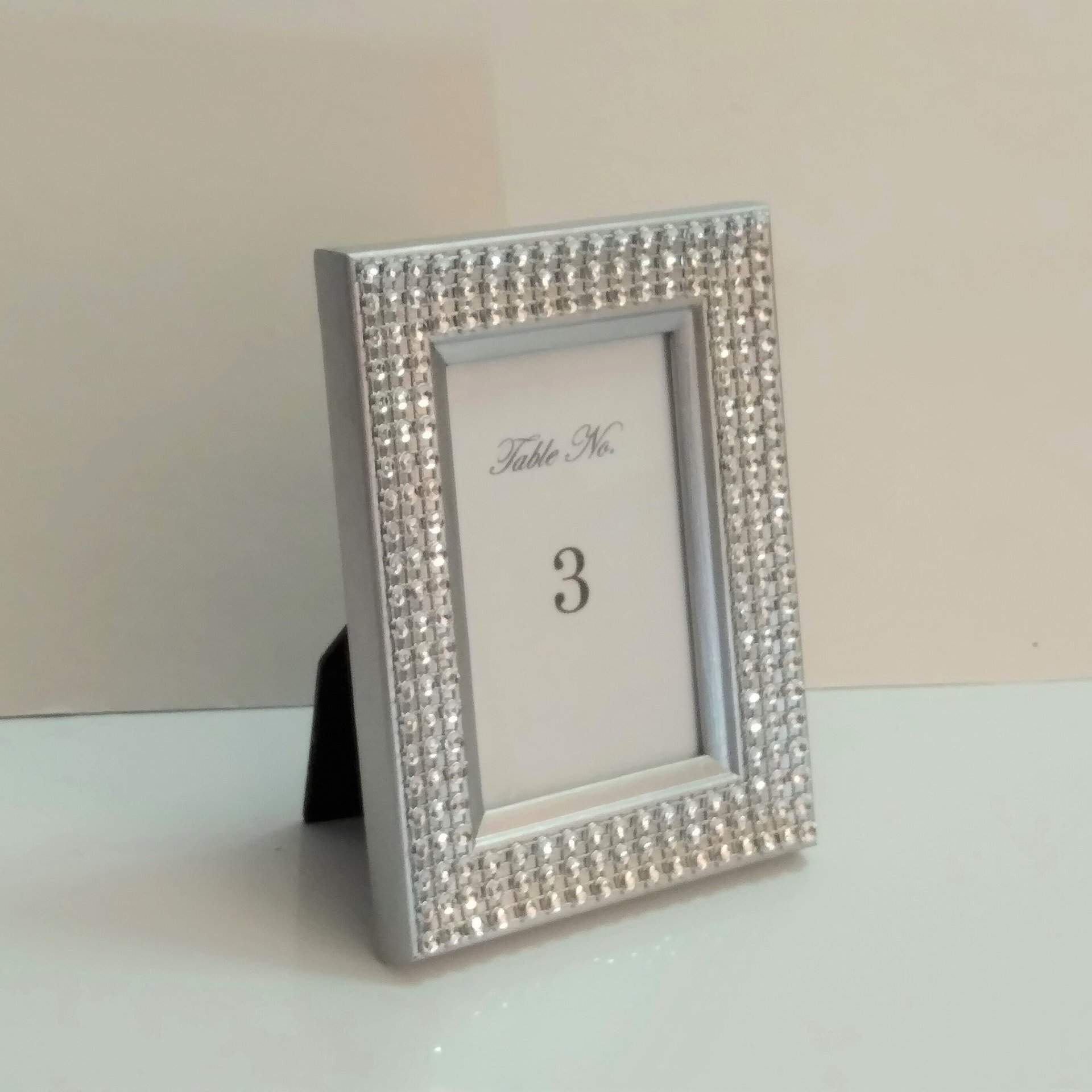 Bling Table Number Frame- Silver Diamond Wrap Tabletop Frame for 2 x 3 info or photo