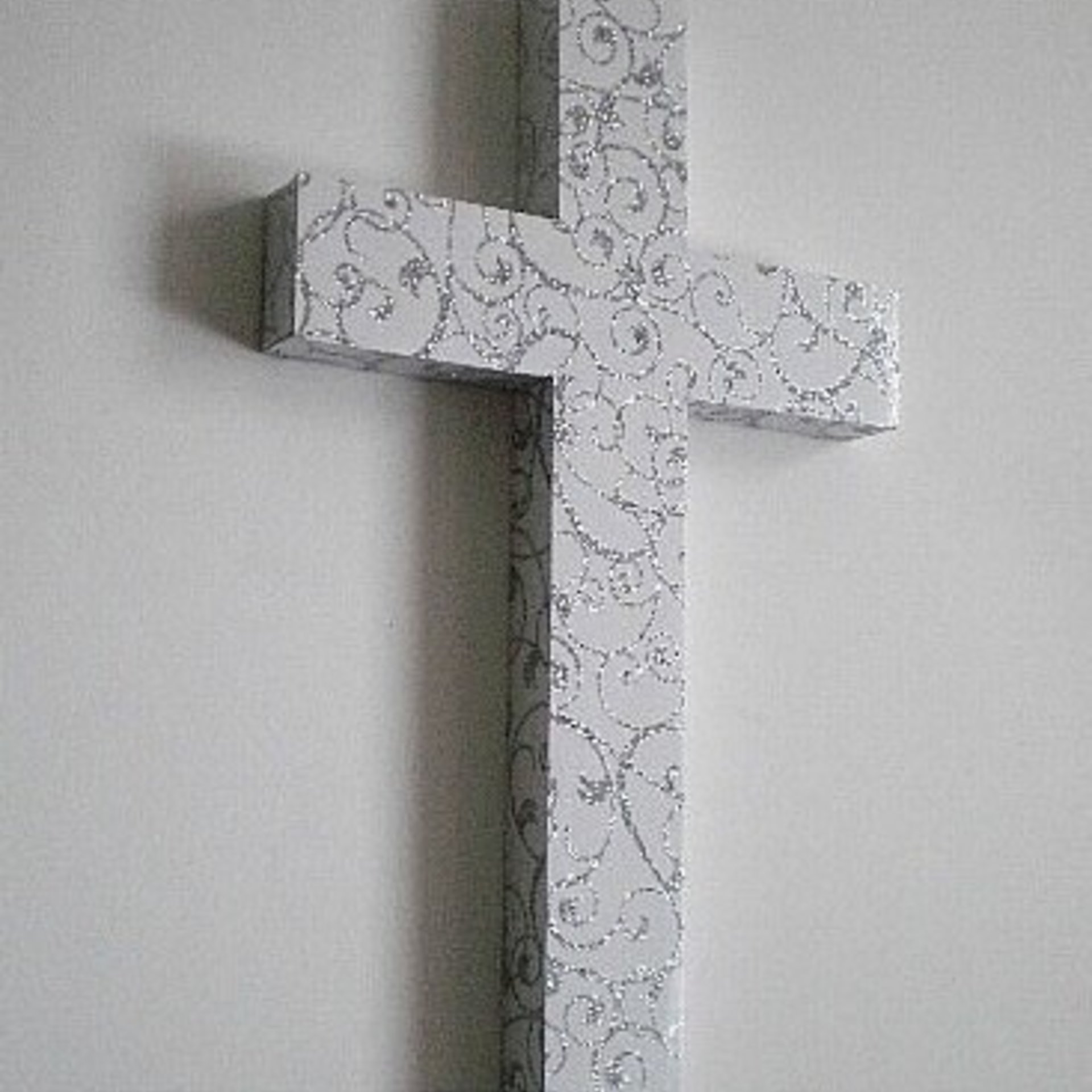 Silver Swirl Cross - White Wall Cross w/ Sparkling Silver Glitter Swirls - 9.5" or 12"
