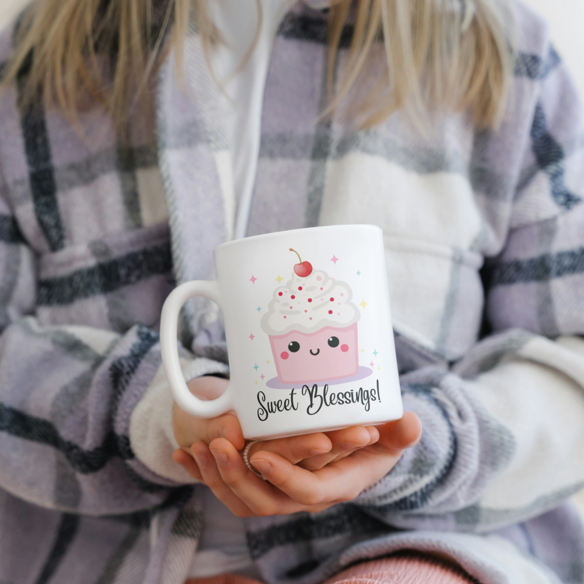 Sweet Blessings Ceramic Mug  - 11 oz. white with whimsical cupcake and stars 