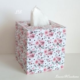 Floral Rose Tissue Box Cover - Decoupage white with shabby chic watercolor roses and leaves 