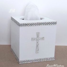 Bling Cross Tissue Box Cover - Handpainted with crystal rhinestone cross and crystal glass trim