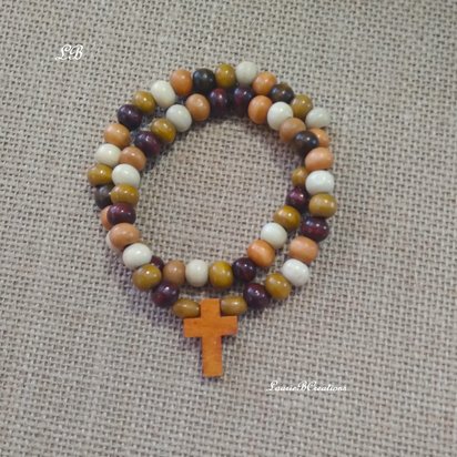Wood Beaded Cross Bracelet Set- Earthtone, stacked, boho style stretch bracelet with 7mm beads
