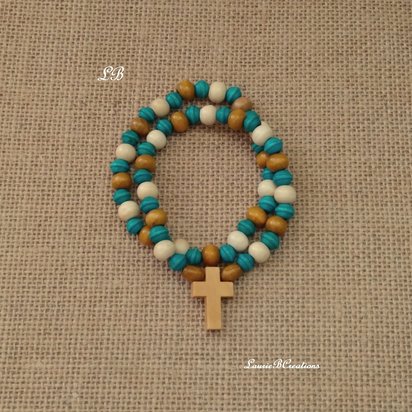 Wood Beaded Cross Bracelet Set- Natural, cream & turquoise/teal, boho style stretch bracelet with 7mm beads, stackable