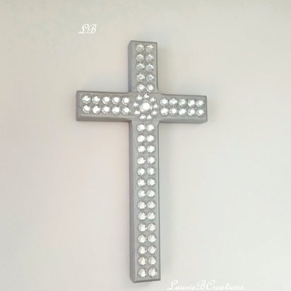 Silver & Bling Cross - Handpainted Wall Cross w/Clear Rhinestones and Circular Center, 8" x 4.5"- ready to ship sale