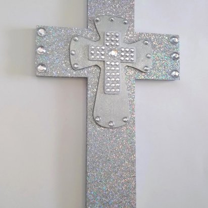 Silver Glitter & Bling Wall Cross - Sparkling silver prisma glitter w/rhinestone center crosses - 12.5 x 8"-ready to ship sale
