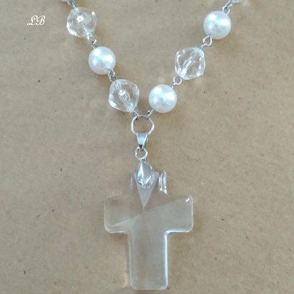 Clear Glass & Pearl Cross Necklace - 18" with clear glass cross pendant