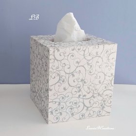 White & Silver Swirl Tissue Box Cover-White w/Sparkling Silver Glitter Swirls,Square Tissue Holder