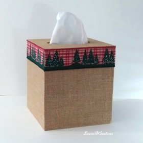 Burlap & Christmas Trees Tissue Box Cover - Square burlap tissue holder with red and green holiday trim