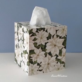 White Poinsettias Tissue Box Cover - Decoupage square tissue holder with winter flowers and leaves
