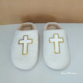 Cross Slippers - Ivory & tan with chenille gold lined cross 