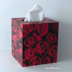 Red Rose Tissue Box Cover- Floral Decoupage Square Tissue Holder