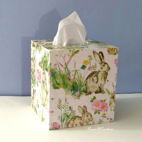 Floral Bunny Tissue Box Cover - Decoupage pastel flowers and vintage rabbit on linen design, Spring/Easter decor