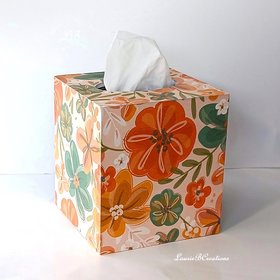 Orange Floral Tissue Box Cover- Decoupage with orange, green yellow and white flower design